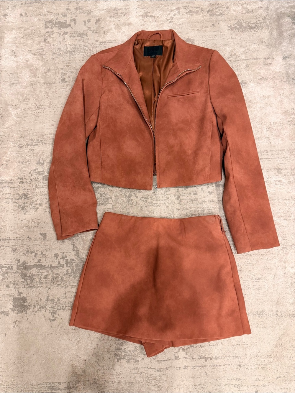 Zara Faux Suede Rust Cropped Jacket & Skort Set